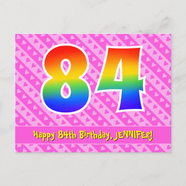 84th Birthday: Pink Stripes & Hearts, Rainbow 84 Postcard (Front)