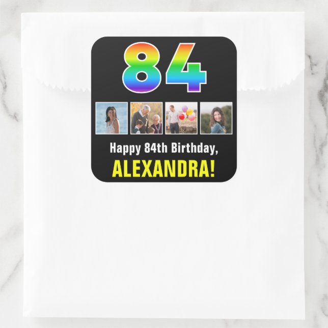 84th Birthday: Rainbow “84”; Custom Photos & Name Square Sticker (Bag)