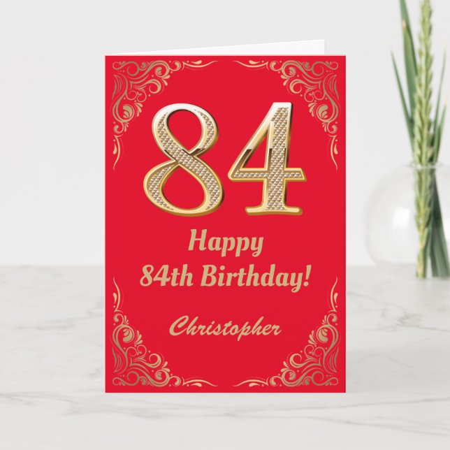 84th Birthday Red and Gold Glitter Frame Card (Front)