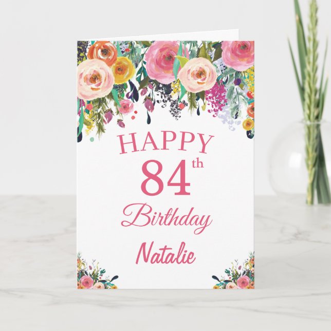 84th Birthday Watercolor Floral Flowers Pink Card (Front)
