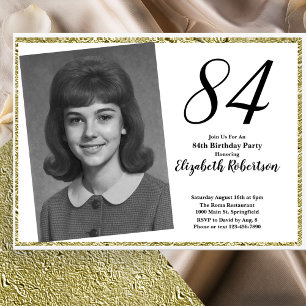 84th Custom Photo White and Gold Birthday Invitation
