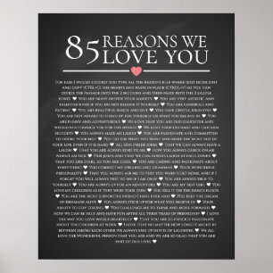 85 reasons why we love you 80th 60th birthday 40th poster