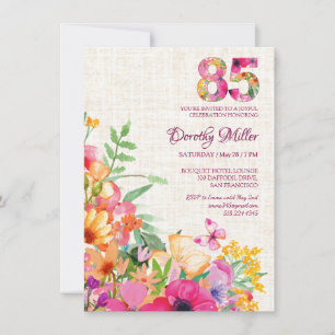 85 Years Flowers Floral Linen 85th Birthday Invitation