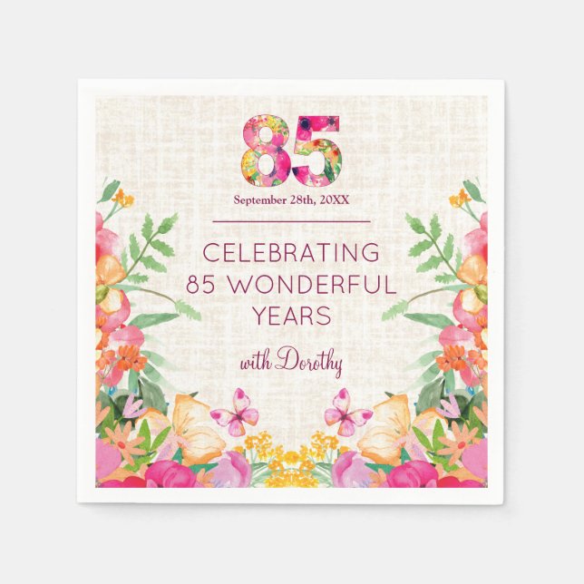 85 Years Flowers Floral Linen 85th Birthday Napkin (Front)