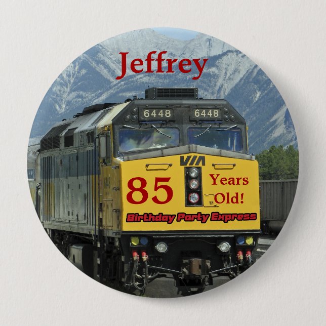 85 Years Old, Railroad Train Birthday Button Pin (Front)