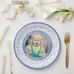 85 Your Photo Random Number Pattern Blue/White Paper Plate