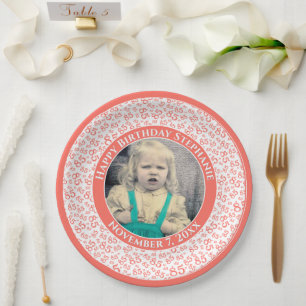 85 Your Photo Random Number Pattern Coral/White Paper Plate