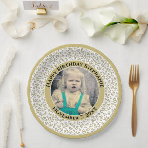 85 Your Photo Random Number Pattern Gold/White Paper Plate
