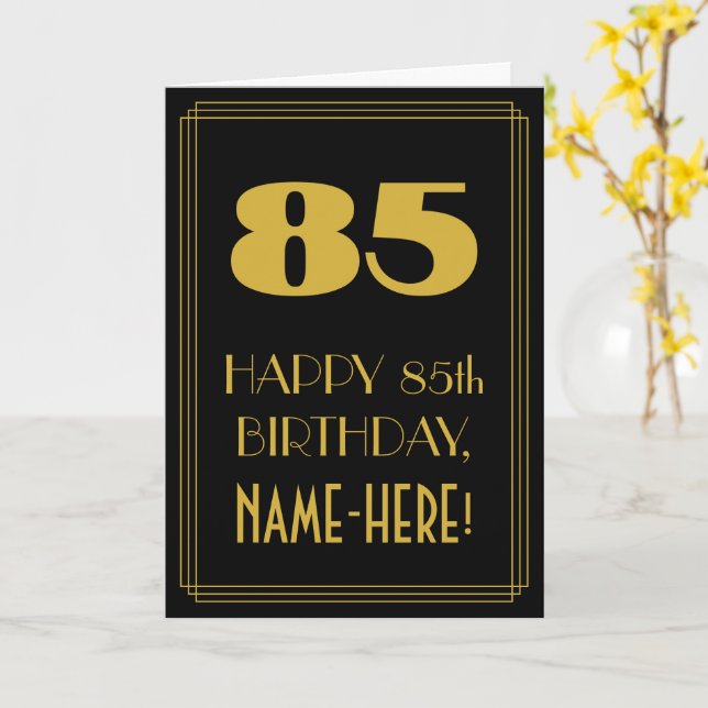 85th Birthday – Art Deco Inspired Look "85" & Name Card (Yellow Flower)