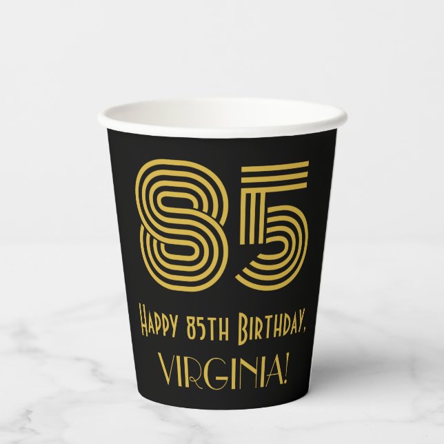 85th Birthday: Art Deco Inspired Look “85” & Name Paper Cups (Back)