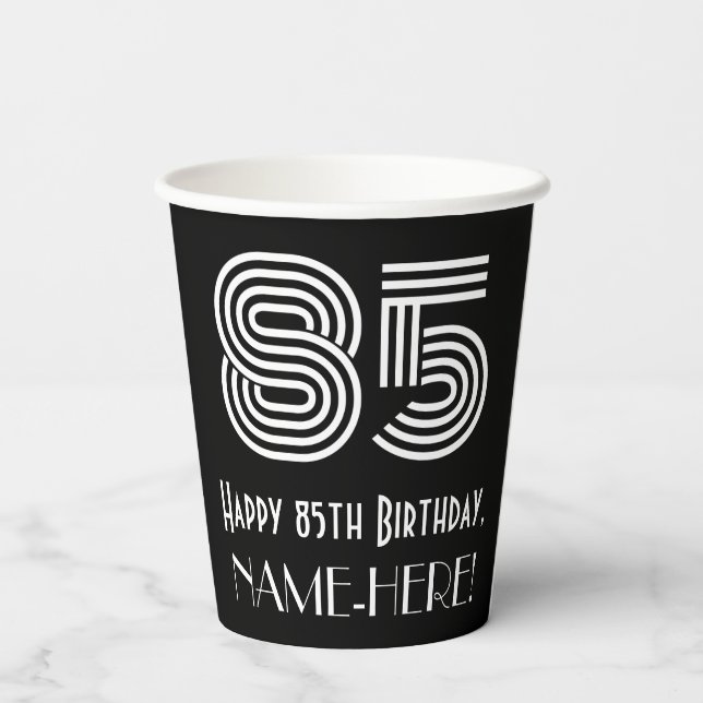 85th Birthday — Art Deco Inspired Look “85” + Name Paper Cups (Back)