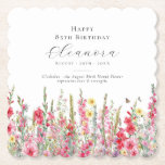85th Birthday August Birth Flower Custom Paper Coaster<br><div class="desc">Perfect table decor for an August birthday party. Pink gladiolus is the birth flower for that month. It forms a pretty watercolor bottom border on this floral personalised coaster. The birthday guest of honour's name, age and birthdate are placed above it using elegant calligraphy and typography. All text is editable....</div>