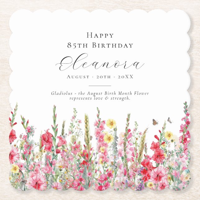 85th Birthday August Birth Flower Custom Paper Coaster (Front)