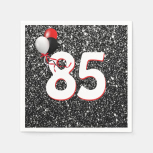 85th Birthday Balloons on Black Glitter Napkins
