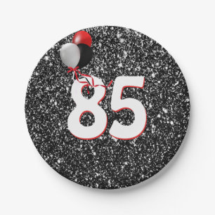 85th Birthday Balloons on Black Glitter Paper Plate