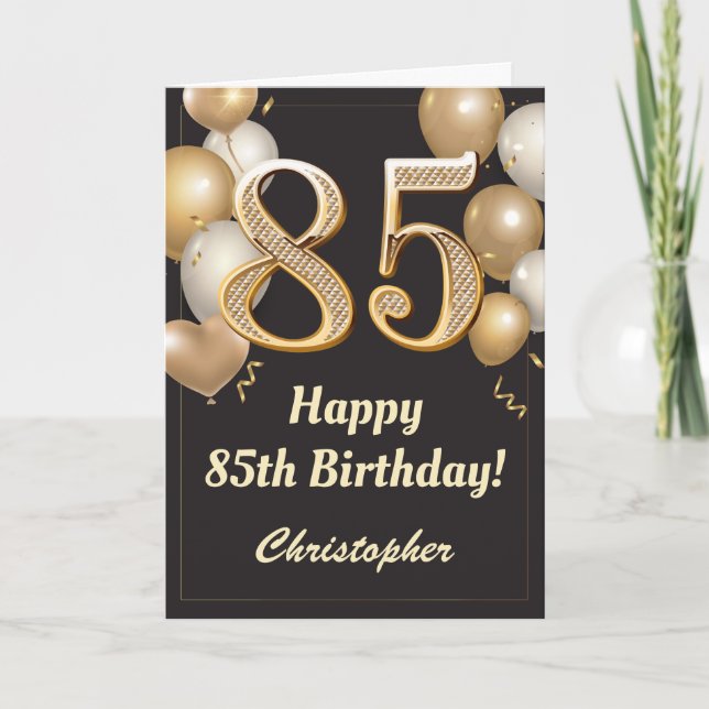 85th Birthday Black and Gold Balloons Confetti Card (Front)