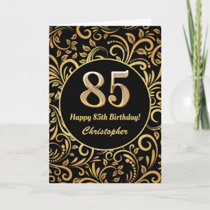 85th Birthday Black and Gold Floral Pattern Card