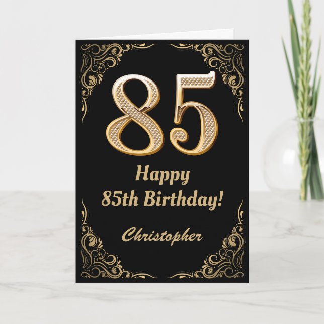 85th Birthday Black and Gold Glitter Frame Card (Front)