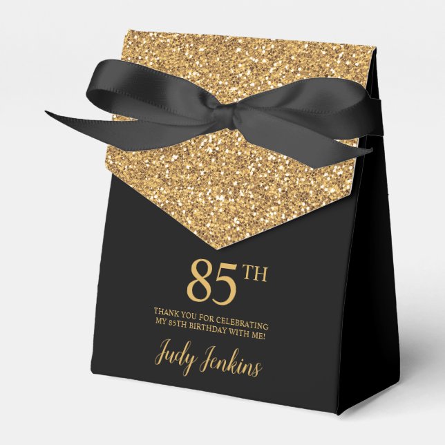 85th Birthday Black Gold Glitter Thank You Favour Box (Front Side)