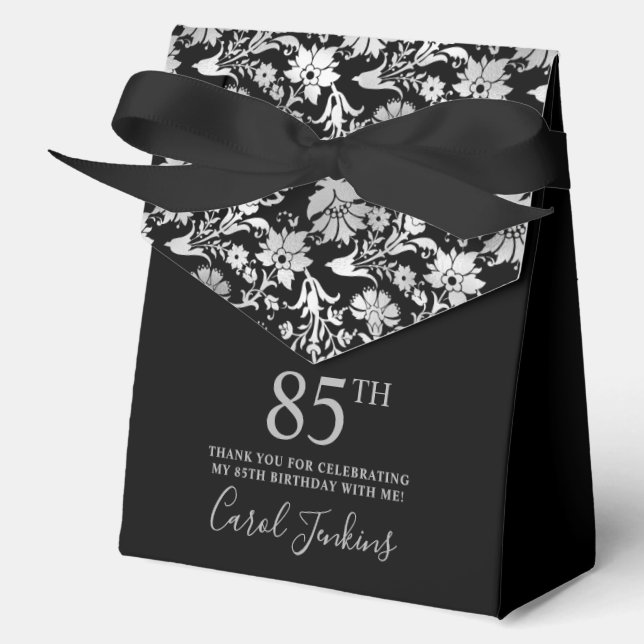 85th Birthday Black Silver Floral Thank You  Favour Box (Front)