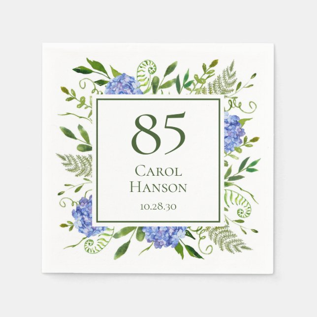 85th Birthday Blue Hydrangeas Napkin (Front)