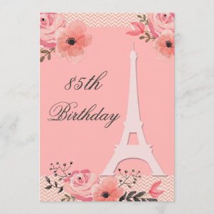 85th Birthday Chic Floral Paris Eiffel Tower Invitation