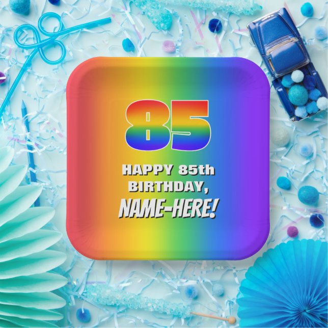85th Birthday: Colourful, Fun Rainbow Pattern # 85 Paper Plate (Party)