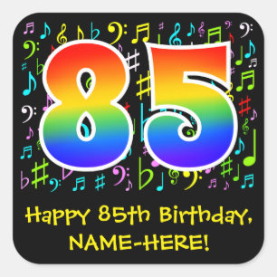 85th Birthday: Colourful Music Symbols, Rainbow 85 Square Sticker