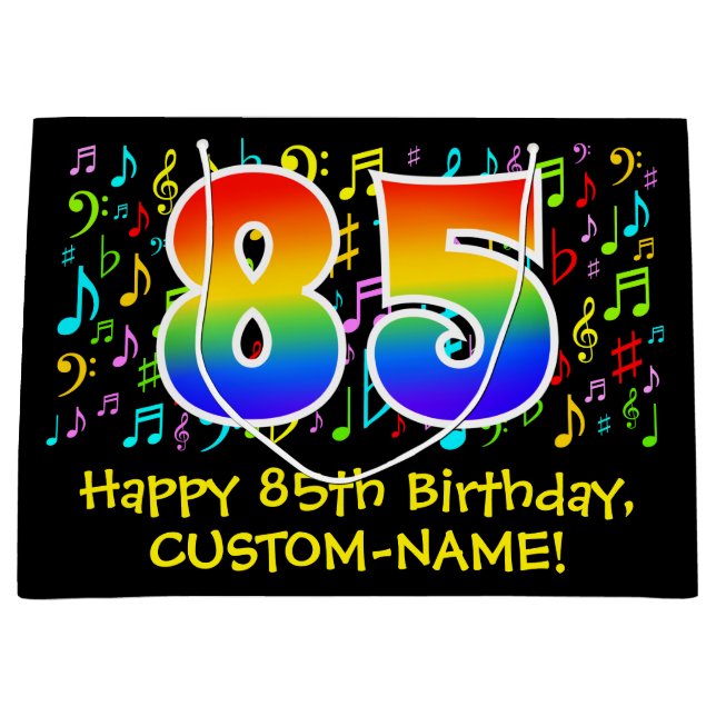 85th Birthday - Colourful Music Symbols, Rainbow 8 Large Gift Bag (Front)