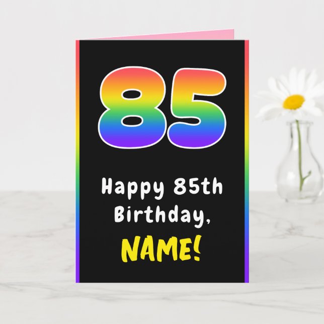85th Birthday: Colourful Rainbow # 85, Custom Name Card (Small Plant)