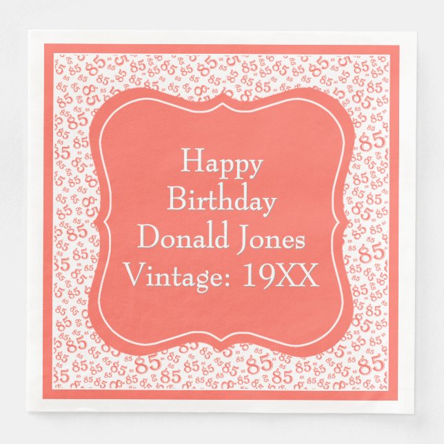 85th Birthday Coral/White Bracket Number Pattern Napkin (Front)