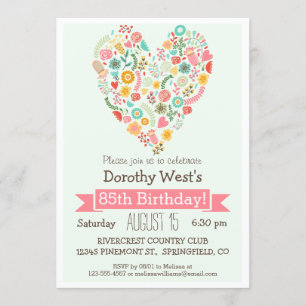 85th Birthday, Cute Floral Heart Birthday Party Invitation