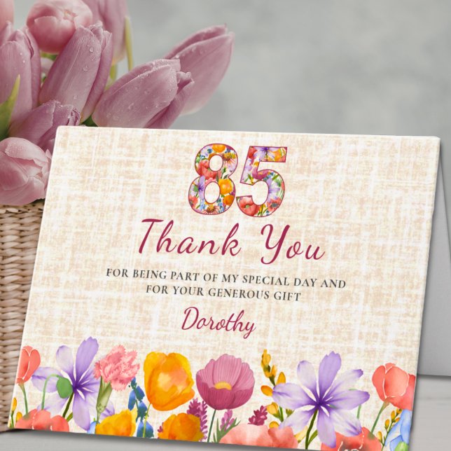 85th Birthday - Elegant Floral Number 85 Years  Thank You Card (Creator Uploaded)