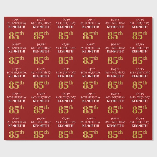 85th Birthday: Elegant, Red, Faux Gold Look Wrapping Paper (Flat)
