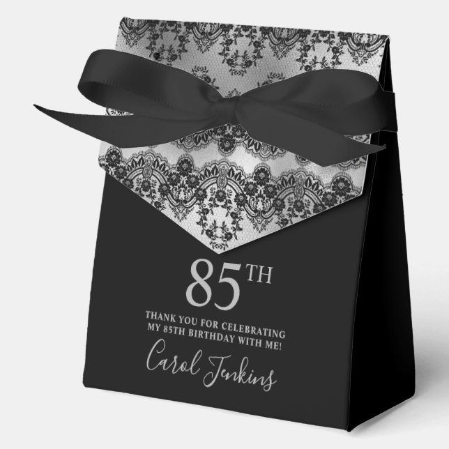 85th Birthday Elegant Silver Black Lace Thank You Favour Box (Front)