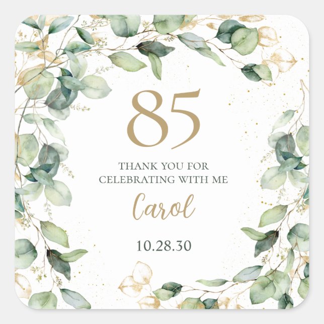 85th Birthday Eucalyptus Thank You Square Sticker (Front)