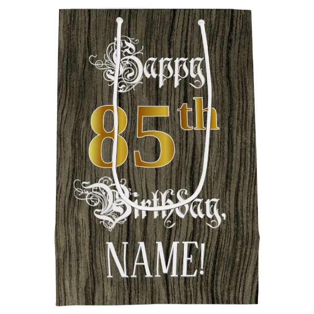 85th Birthday: Faux Gold Look & Faux Wood Pattern Medium Gift Bag (Back)