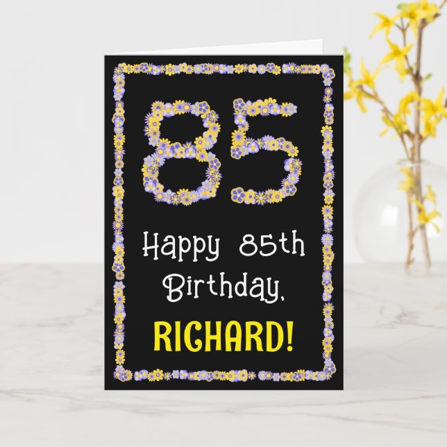 85th Birthday: Floral Flowers Number, Custom Name Card (Yellow Flower)