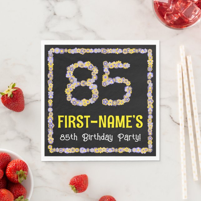 85th Birthday: Floral Flowers Number, Custom Name Napkin (Insitu)