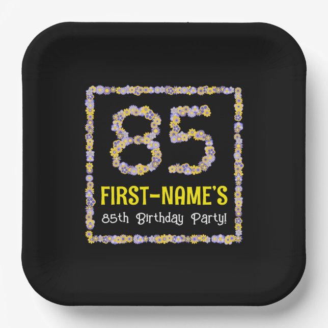 85th Birthday: Floral Flowers Number, Custom Name Paper Plate (Front)