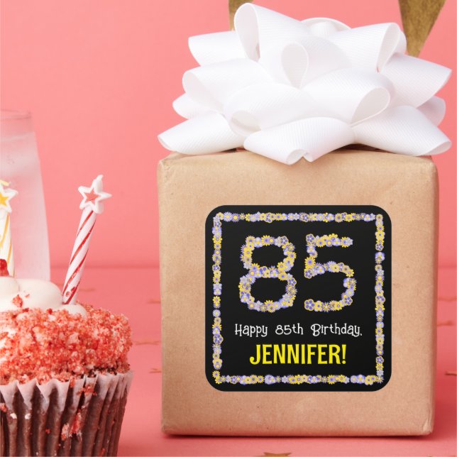 85th Birthday: Floral Flowers Number, Custom Name Square Sticker (Party)
