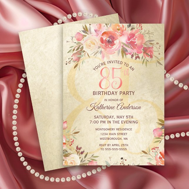 85th Birthday Floral Pink Roses Gold Shimmer Party Invitation (Vintage 85th Birthday Party Invitation with pink roses and a gold shimmer background.)