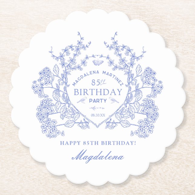 85th Birthday French Blue Floral Crest Custom Paper Coaster (Front)