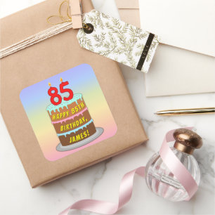 85th Birthday: Fun Cake and Candles + Custom Name Square Sticker