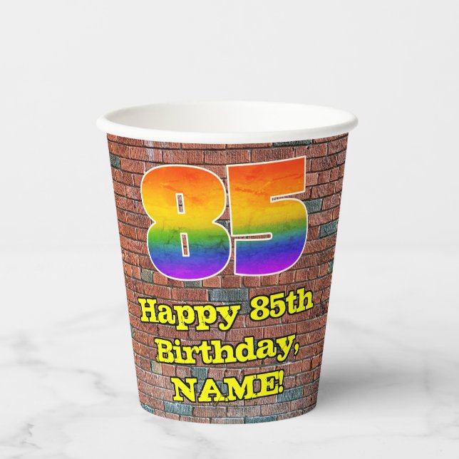 85th Birthday: Fun Graffiti-Inspired Rainbow 85 Paper Cups (Front)