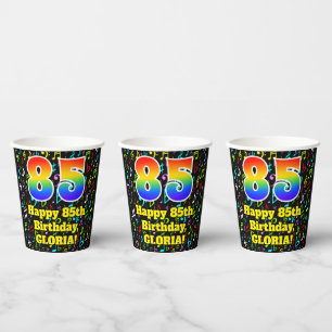 85th Birthday: Fun Music Notes Pattern, Rainbow 85 Paper Cups