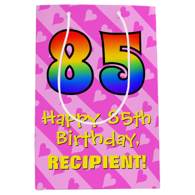 85th Birthday: Fun Pink Hearts Stripes; Rainbow 85 Medium Gift Bag (Front)