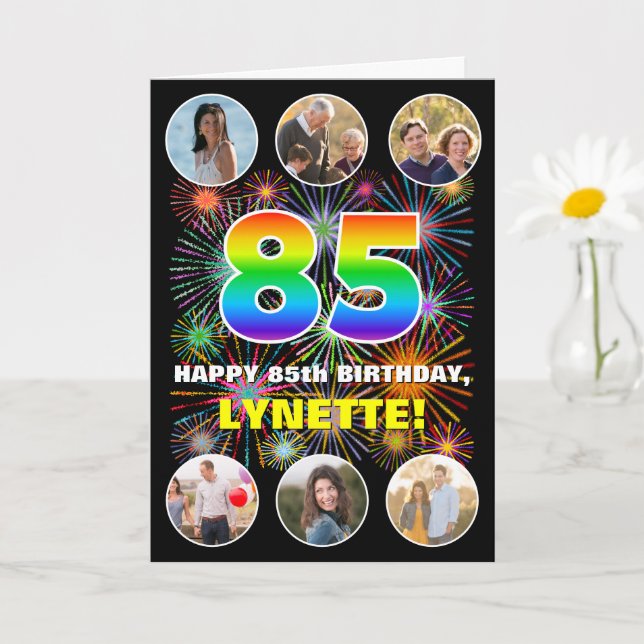85th Birthday: Fun Rainbow #, Custom Name & Photos Card (Small Plant)