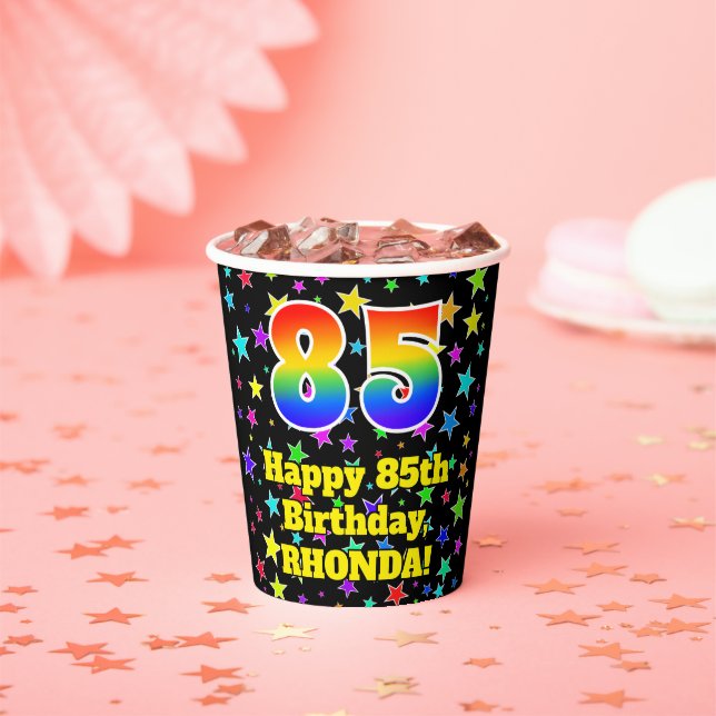 85th Birthday: Fun Stars Pattern and Rainbow 85 Paper Cups (Insitu)