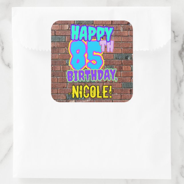 85th Birthday – Fun, Urban Graffiti Inspired Look Square Sticker (Bag)